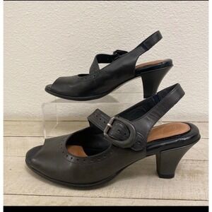 Nurture Heels Women 6.5M Black Leather Slingback Open Toe Buckle Comfort Shoes